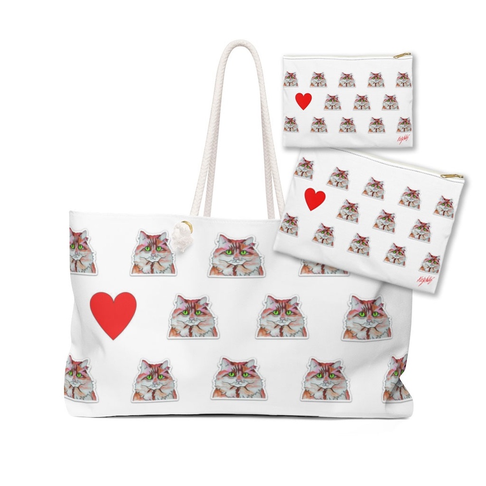 Weekender Tote Bag and 2 Zipper Pouches with Orange and White Cat